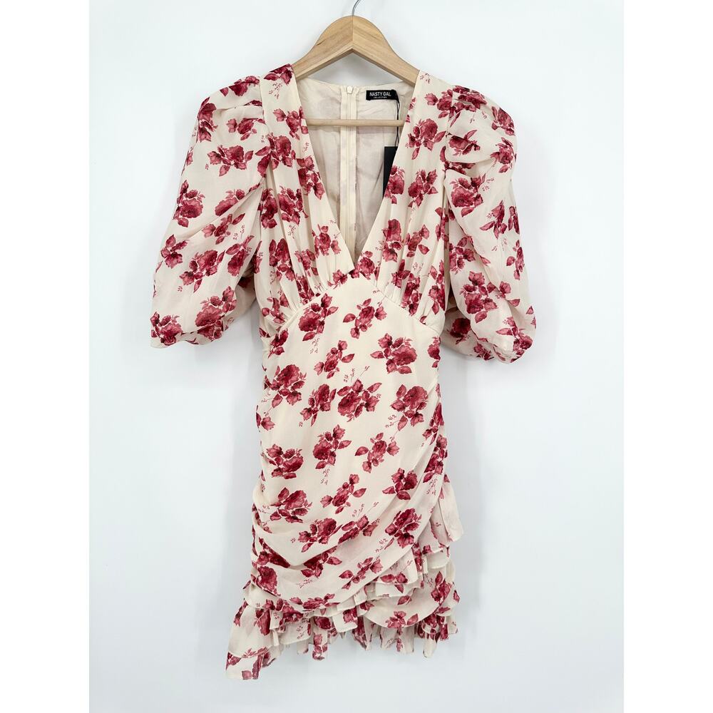 Nasty Gal Floral Puff Sleeve Wrap Mini Dress V-Neck Ruched Ruffle, Pastel Pink - Picture 5 of 11